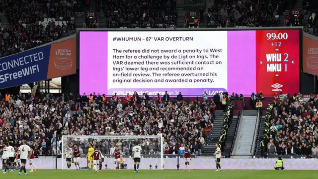 Screen at London Stadium explaining the VAR overturn