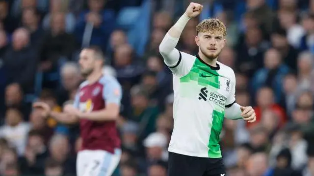 Harvey Elliott celebrates scoring for Liverpool against Aston Villa in May 2024
