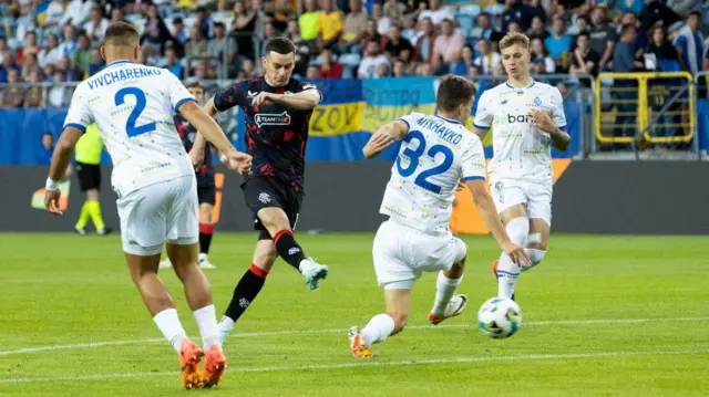 Rangers' Tom Lawrence (centre) has a shot at goal during a UEFA Champions League Qualifier between Dynamo Kyiv and Rangers at Arena Lublin, on August 06, 2024, in Lublin, Poland. (Photo by Alan Harvey / SNS Group)