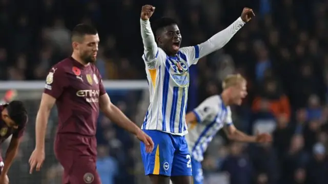 Carlos Baleba celebrates victory for Brighton