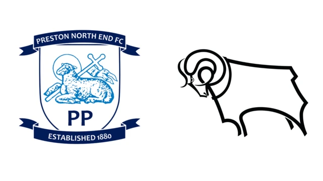 The club badges of Preston North End and Derby County