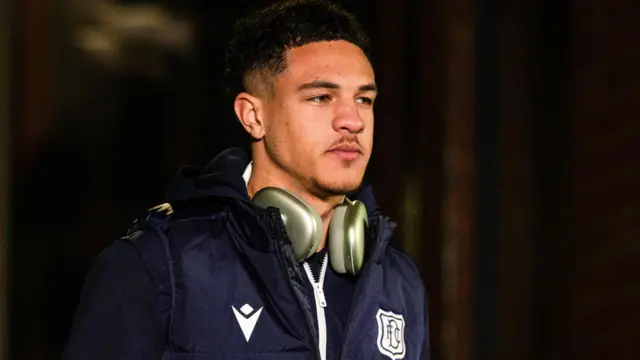 Dundee's Ethan Ingram arrives during a William Hill Premiership match between Dundee and Celtic at the Scot Foam Stadium at Dens Park