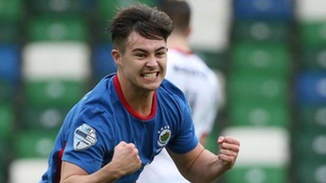 Jordan Stewart celebrates scoring against Ards