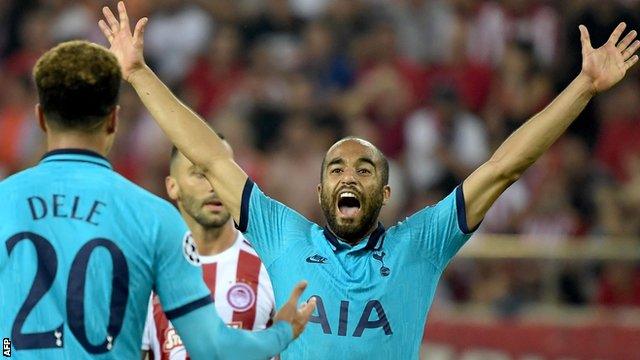 Lucas Moura celebrates scoring for Tottenham against Olympiakos in the Champions League