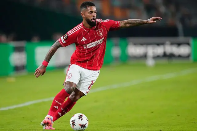 Douglas Luiz in action for Nottingham Forest against Real Betis