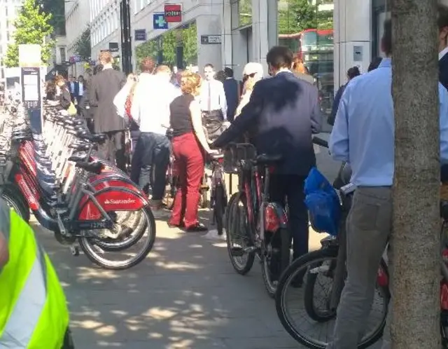 Queues to return TFL rental bicycles at Cheapside