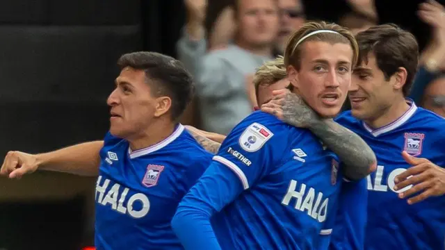 Jack Clarke of Ipswich Town celebrates scoring his team's third goal 