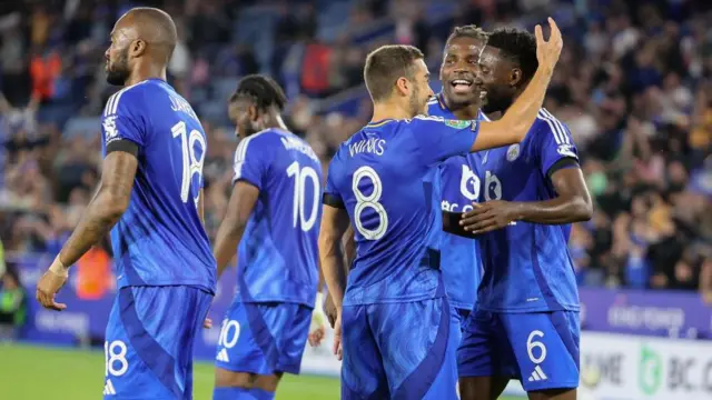 Wilfred Ndidi celebrates with team-mates after scoring Leicester's third goal during the 4-0 Carabao Cup second-round win over Tranmere