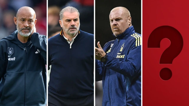 A split graphic of Nuno Espirito Santo, Ange Postecoglou, Sean Dyche and question mark graphic