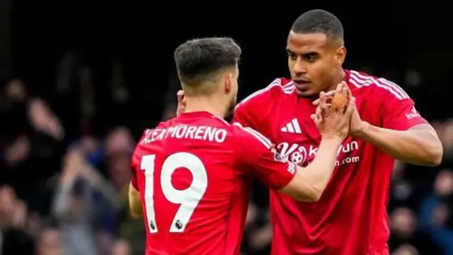 Nottingham Forest defenders Moreno and Murillo celebrate against Chelsea