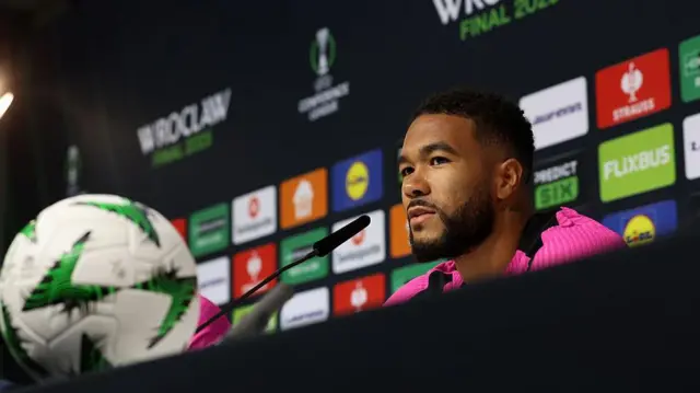 Reece James looks on during news conference