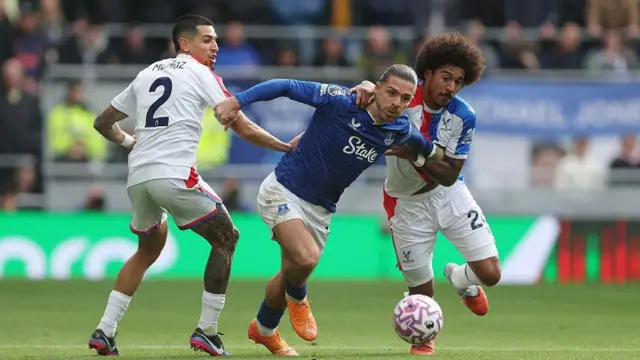 Jack Grealish of Everton battles for the ball