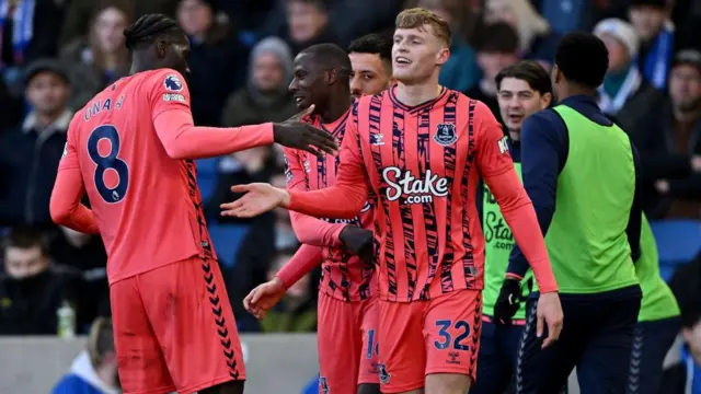 Jarrad Branthwaite of Everton celebrates scoring his team's first goal