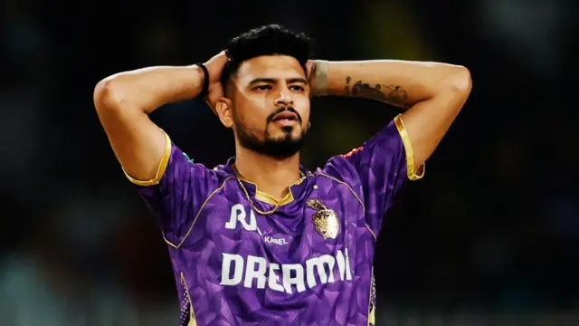 Bowler Vaibhav Arora reacts after dropped catch
