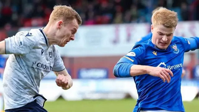Dundee's Scott Tiffoney and St Johnstone's Zach Mitchell 