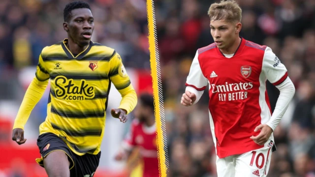 A split image of Ismaila Sarr and Emile Smith Rowe