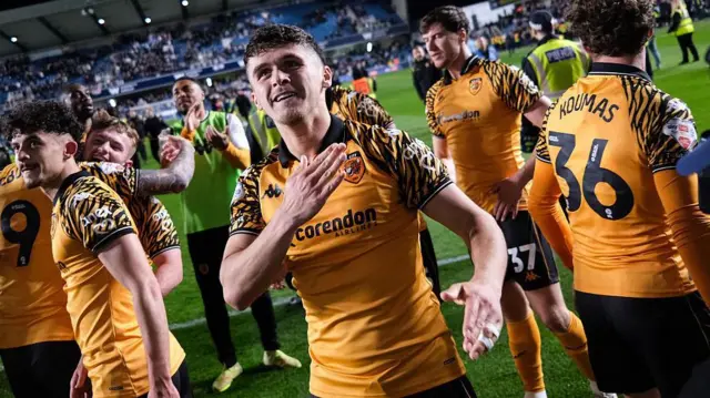 Ryan Giles of Hull City celebrates victory during the Sky Bet Championship Play Off Semi Final Second Leg match between Millwall and Hull City 