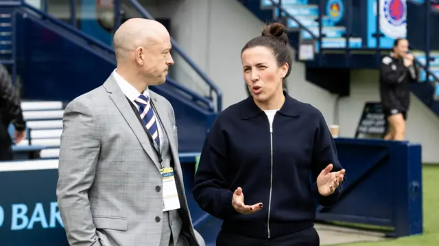 Montrose manager Craig Feroz with Rangers boss Leanne Crichton