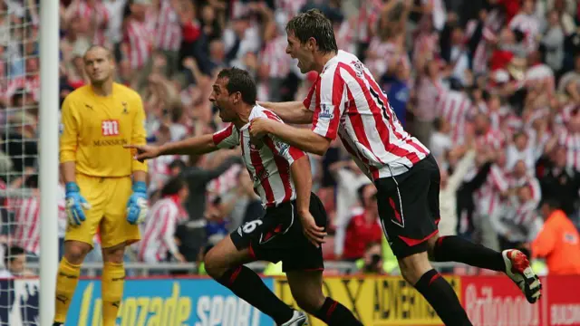 Michael Chopra of Sunderland celebrates with Daryl Murphy after scoring the winning goal against Tottenham in the Premier League in August 2007