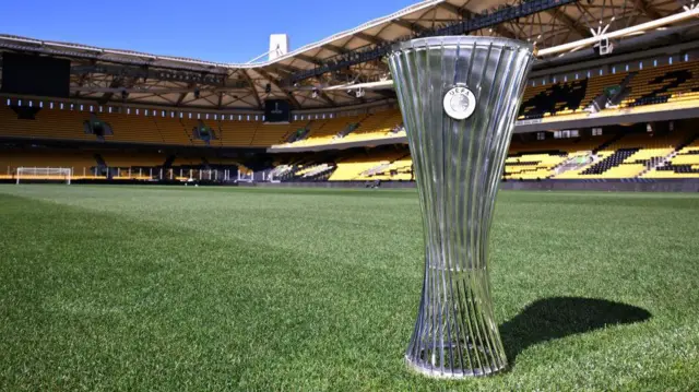 A general view of the UEFA Europa Conference League Trophy