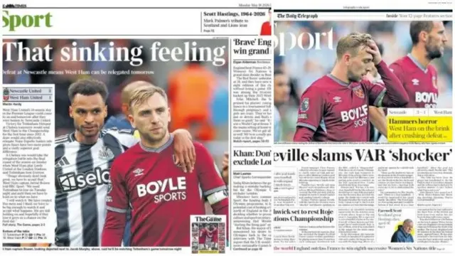 Monday's papers point to West Ham slipping nearer relegation