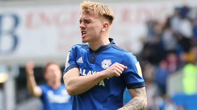 Isaak Davies celebrates scoring for Cardiff in 2022