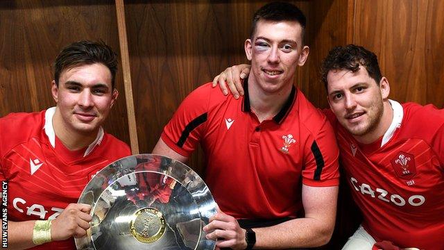 Taine Basham, Adam Beard and Ryan Elias celebrate beating Australia
