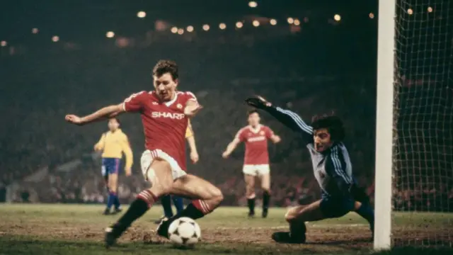 Bryan Robson in action against Barcelona at the 1984 European Cup Winners Cup