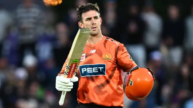 Mitch Marsh celebrates his century for Perth Scorchers against Hobart Hurricanes