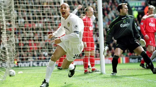 Rio Ferdinand of Leeds celebrates after scoring against Liverpool at Anfield in April 2001