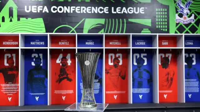 The Conference League trophy pictured inside the Crystal Palace dressing room 