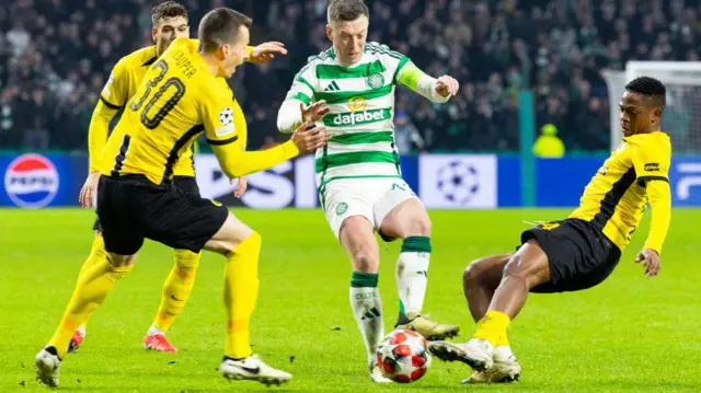 Miguel Chaiwa attempts to challenge Callum McGregor