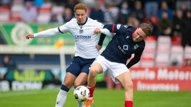 DINGWALL, SCOTLAND - SEPTEMBER 14: Dundee's Ethan Ingram (L) and Ross County's Noah Chilvers in action during a William Hill Premiership match between Ross County and Dundee at the Global Energy Stadium, on September 14, 2024, in Dingwall, Scotland. (Photo by Paul Devlin / SNS Group)