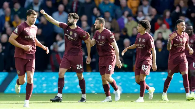 Ruben Dias, Josko Gvardiol, Mateo Kovacic, Rico Lewis and Savinho celebrate for Manchester City