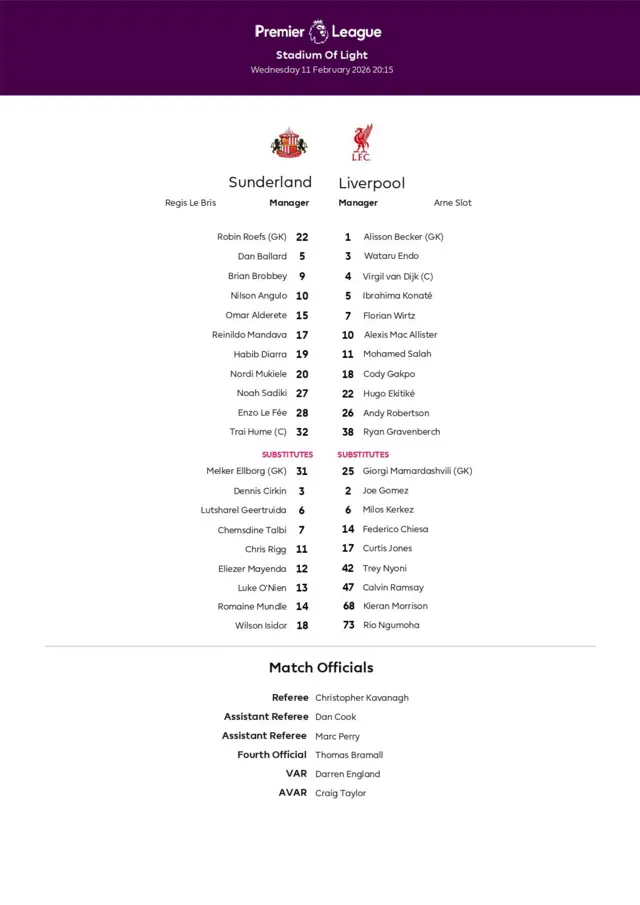 Liverpool XI: Alisson; Endo, Konate, Van Dijk, Robertson; Gravenberch, Mac Allister, Wirtz; Salah, Ekitike, Gakpo.