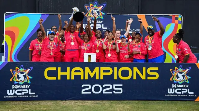 Barbados Royals with winners trophy at the end of the Women's 2025 Massy Caribbean Premier League final