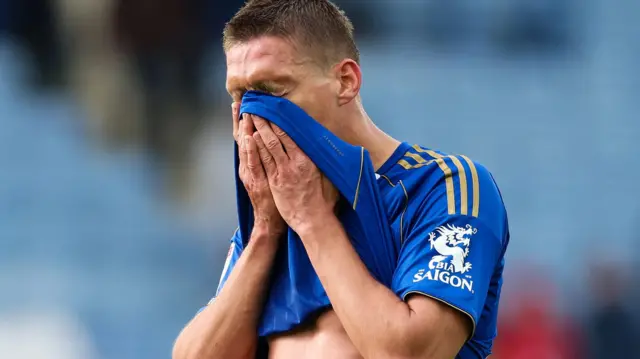 Jannik Vestergaard of Leicester City looks dejected after their defeat by Swansea