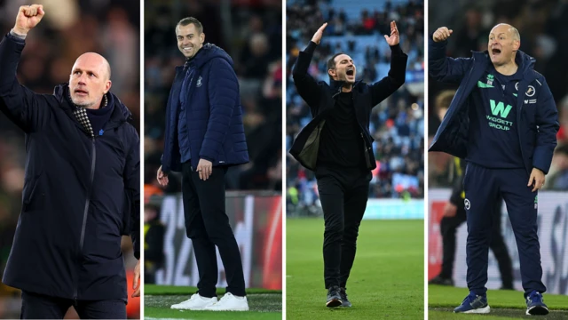 Side-by-side images of Philippe Clement, Tonda Eckert, Frank Lampard and Alex Neil all smiling and celebrating wins for their clubs