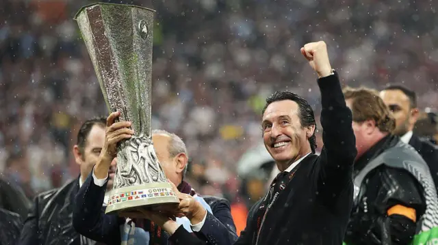 Unai Emery, Manager of Aston Villa, celebrates 