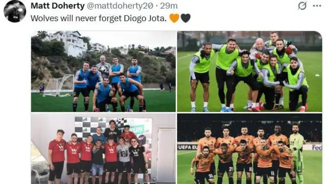 Wolves defender Matt Doherty pays tribute to Jota on social media by sharing images of him in team photographs