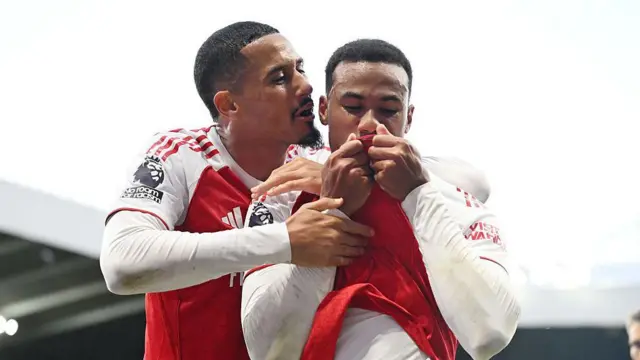 Gabriel celebrates scoring against Newcastle with William Saliba