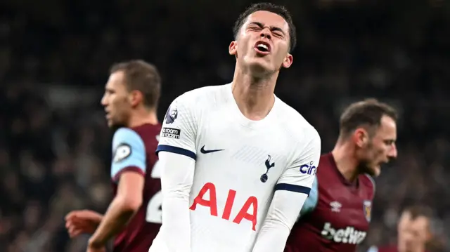 Brennan Johnson reacts to a missed chance during Tottenham's home game against West Ham in the 2023-24 season