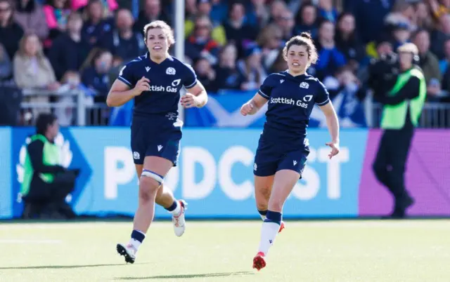 Louise McMillan (left) and Caity Mattinson in action for Scotland during a Guinness Women's Six Nations match between Scotland and France at Hive Stadium, on March 30, 2024, in Edinburgh, Scotland.