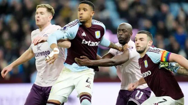 Aston Villa and Brentford players challenge for the ball