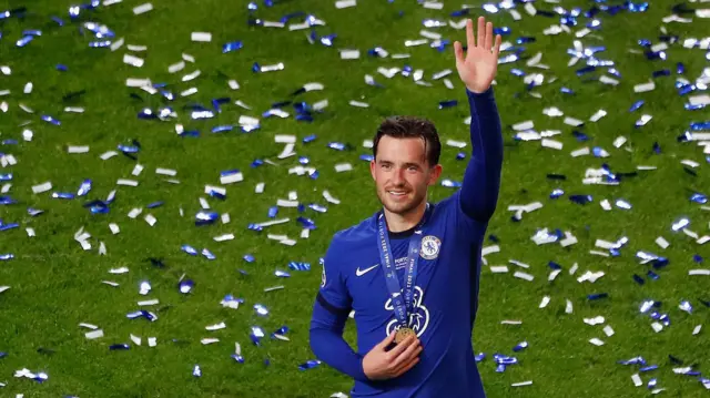 Ben Chilwell waves to supporters after winning Champions League