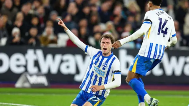 Mats Wieffer of Brighton & Hove Albion celebrates scoring the opening goal during the Premier League match between West Ham United FC and Brighton & Hove Albion FC at London Stadium