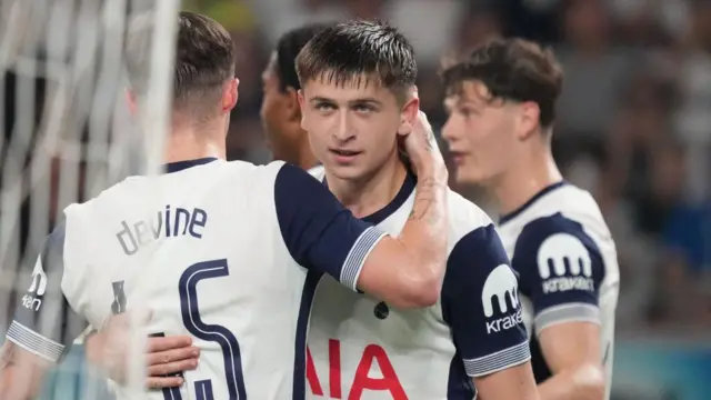 Mikey Moore of Tottenham Hotspur celebrates