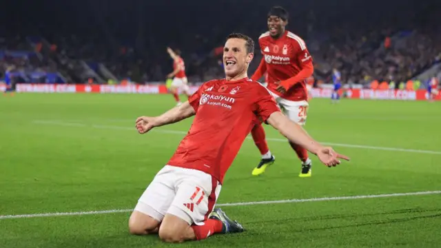 Nottingham Forest striker Chris Wood celebrates his goal versus Leicester City