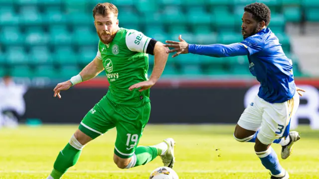 Hibs' Nicky Cadden and St Johnstone's Andre Raymond