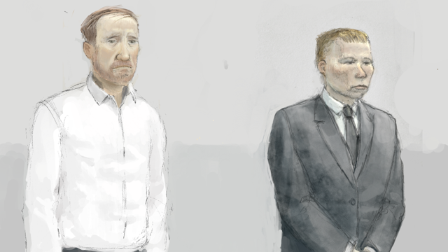 Sketch of the two defendants. Graham on the left has a white shirt, short fair hair and a ginger beard, Carruthers on the right has short fair hair, is clean shaven and wearing a black suit jacket and tie with a white shirt